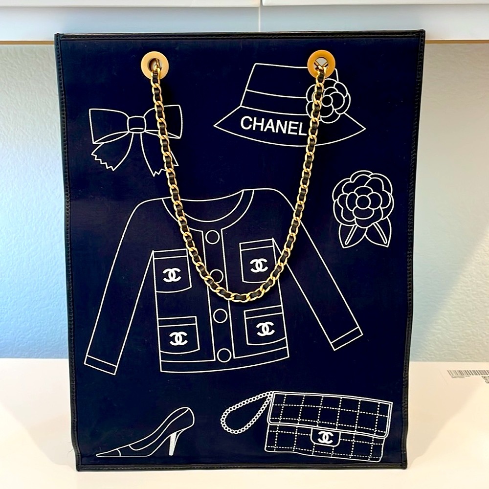 Vintage Chanel Canvas & Leather Trim "Lucky Charms" Shopper Tote Handbag